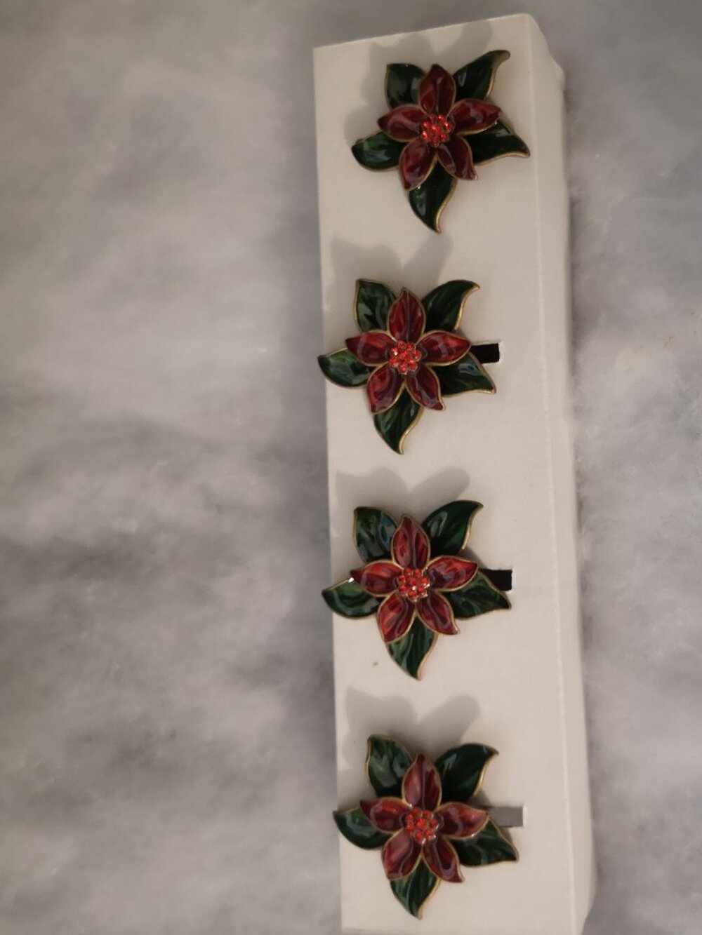 4 - Red & Green Poinsettia Enameled Pewter w/ Crystal Accents Napkin Rings